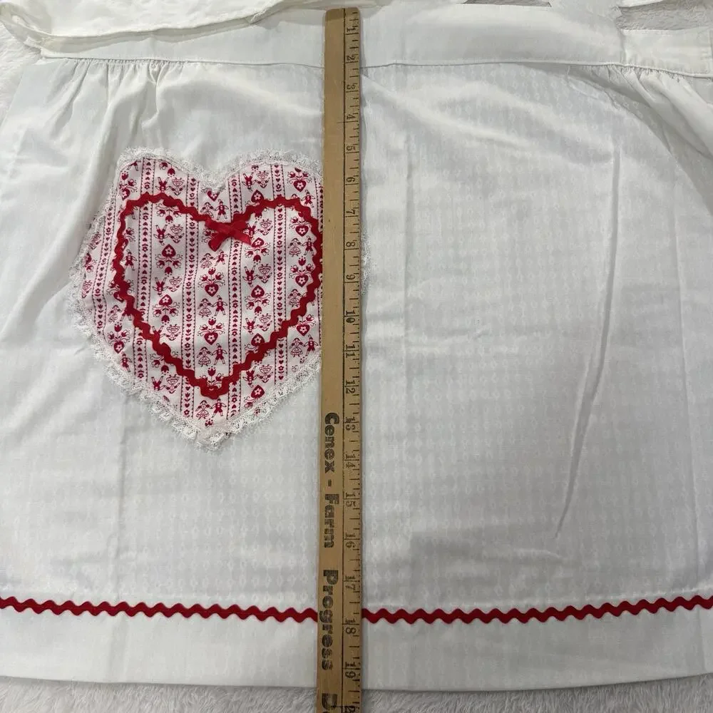 Vintage White Half Apron Red Heart Applique Rick Rack Cottagecore Valentine’s